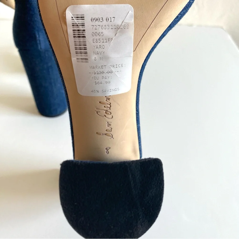 Sam Edelman Yaro Shoes 8 Navy Blue Denim Ankle Strap Block Heels Open Toes NWOT - Picture 11 of 16